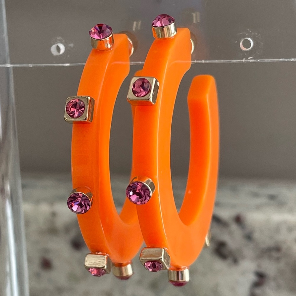 Smith & Co City Girl Jewel Hoop Earrings Orange with Pink Jewels Small Size